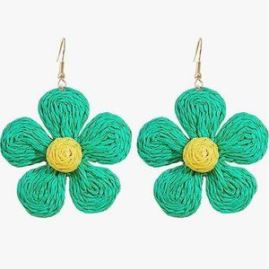 3" Green Raffia Flowers Oversized Statement Earrings Big Bold Wicker Flowers New